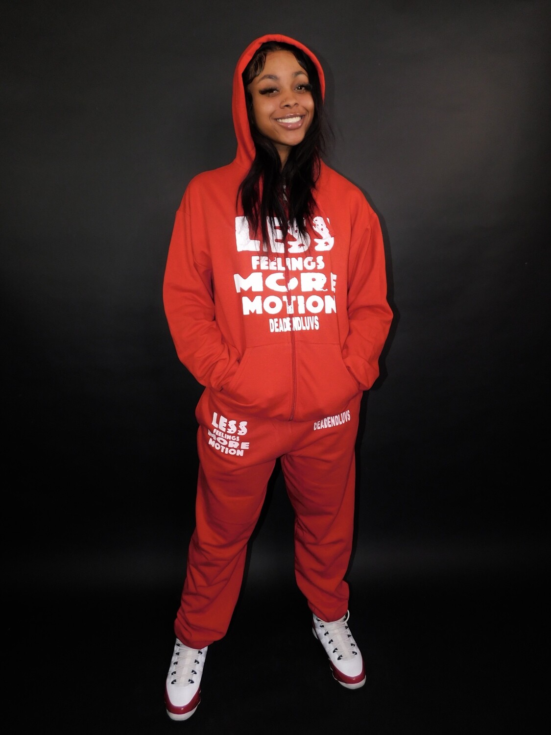less feelings more motion sweatsuit red