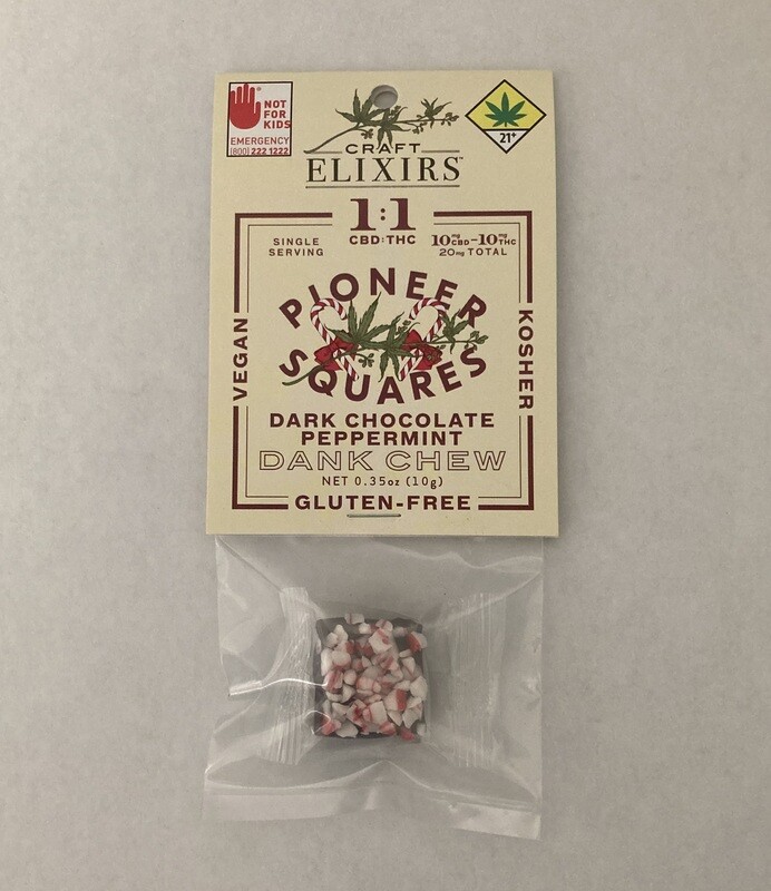 10mgCBD plus 10mgTHC DARK CHOCOLATE PEPPERMINT DANK CHEW RATIO 1:1 10mgCBD 10mgTHC = 20mg per serving (Bundles of 5)