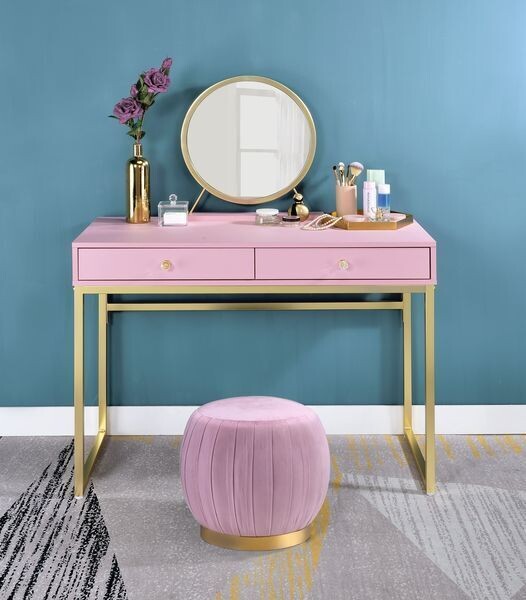 Round Mirror Pink Vanity Desk