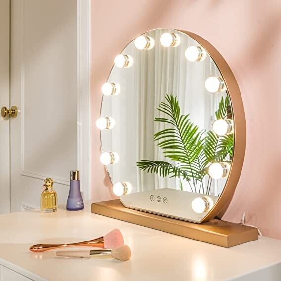 Round Hollywood Mirror with Lights and 12 Dimmable LED Bulbs