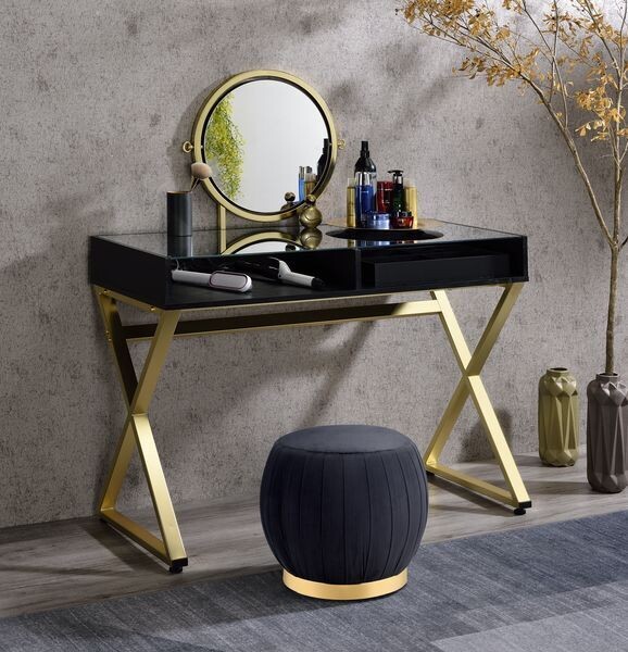 Black and Gold Vanity Desk with Jewelry Tray