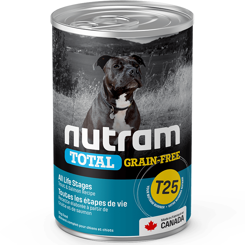 T25 NUTRAM TOTAL GRAIN FREE TROUT & SALMON DOG CANNED FOOD 369 
G