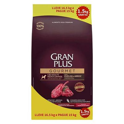 Gran Plus Gourmet Perro Adulto Razas Medianas y Grandes Cordero y Arroz de 15Kg + 1.5Kg
