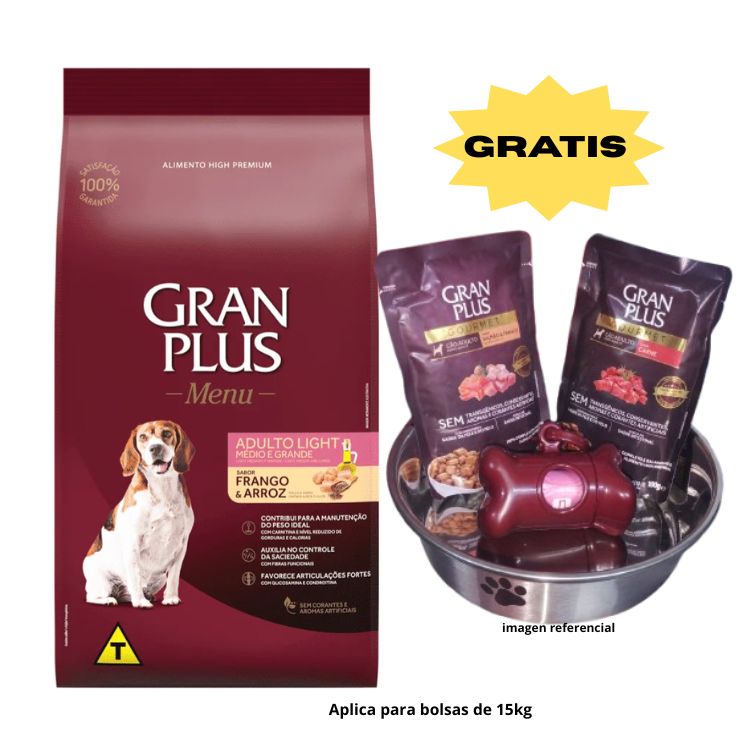 Gran plus Menú Perro Adulto Light Mediano y Grande Pollo y Arroz 15kg