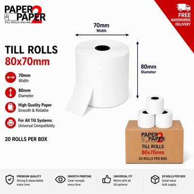 80x70mm Thermal Till Rolls – Compact POS Receipt Rolls (20 Pack)