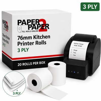 76mm 3 Ply Kitchen Printer Rolls – Triple Copy Docket Rolls (20 Pack)