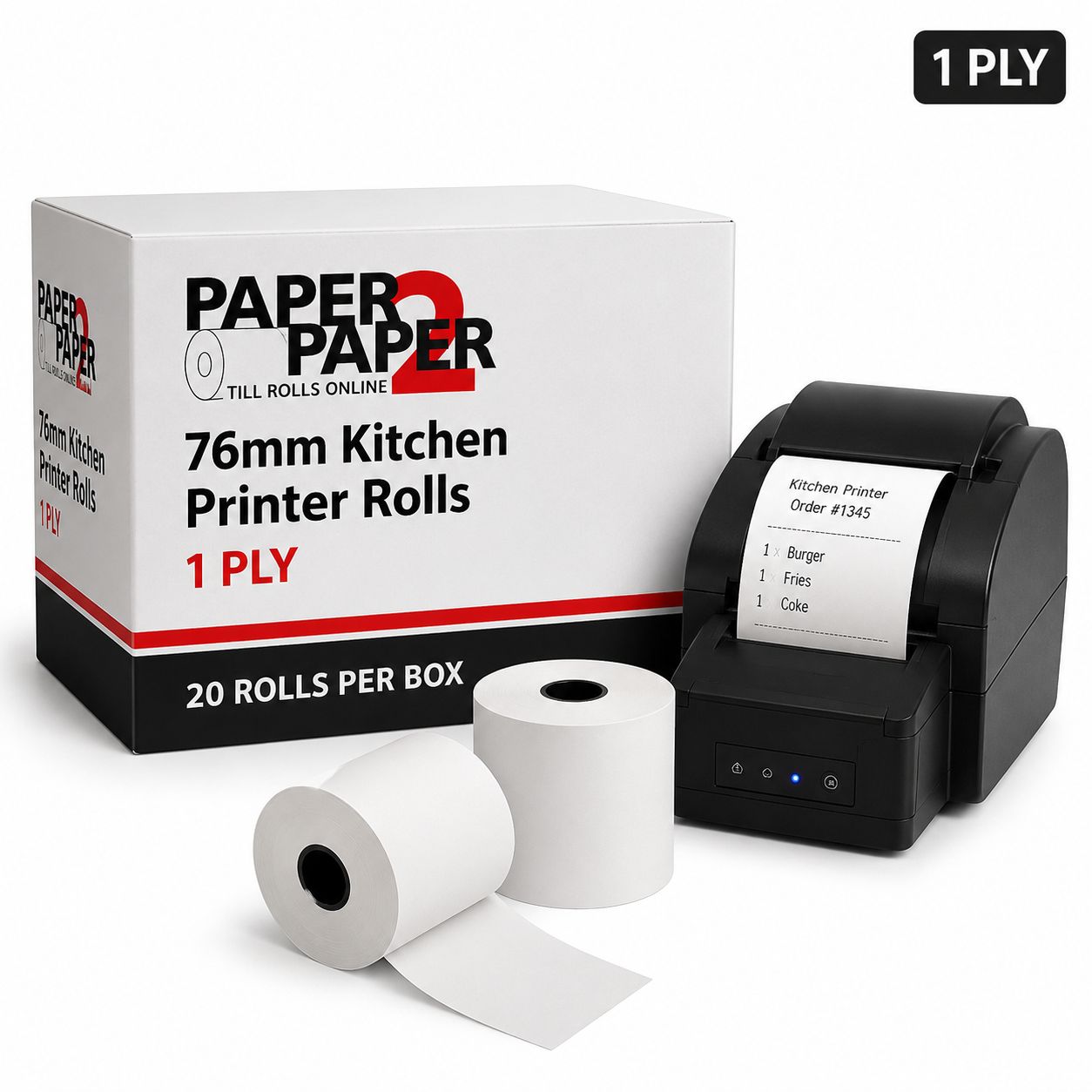 76mm 1 Ply Kitchen Printer Rolls – Non-Thermal Receipt Rolls (20 Rolls)