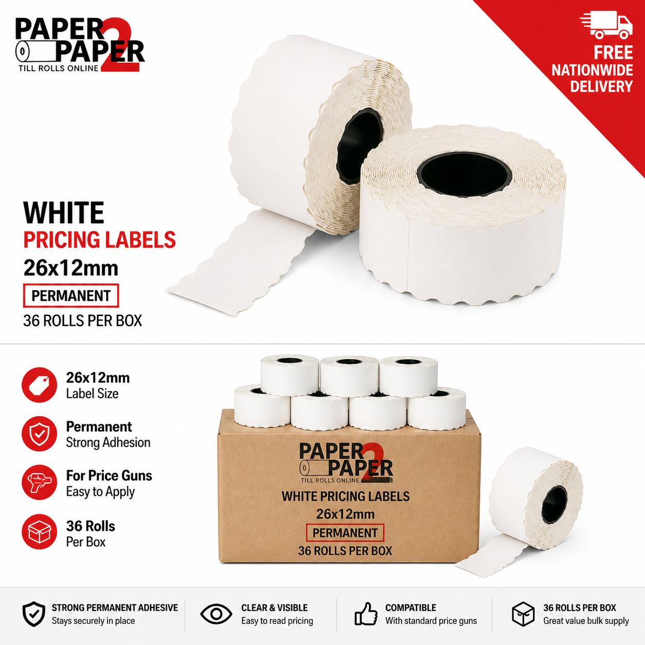 White Pricing Labels 26x12mm – Permanent (36 Rolls Per Box)