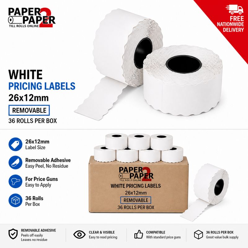 White Pricing Labels 26x12mm – Removable (36 Rolls Per Box)