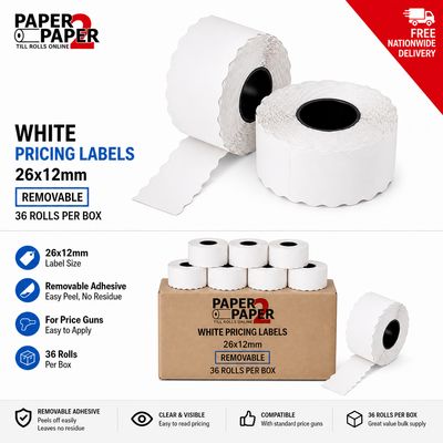 White Pricing Labels 26x12mm – Removable (36 Rolls Per Box)