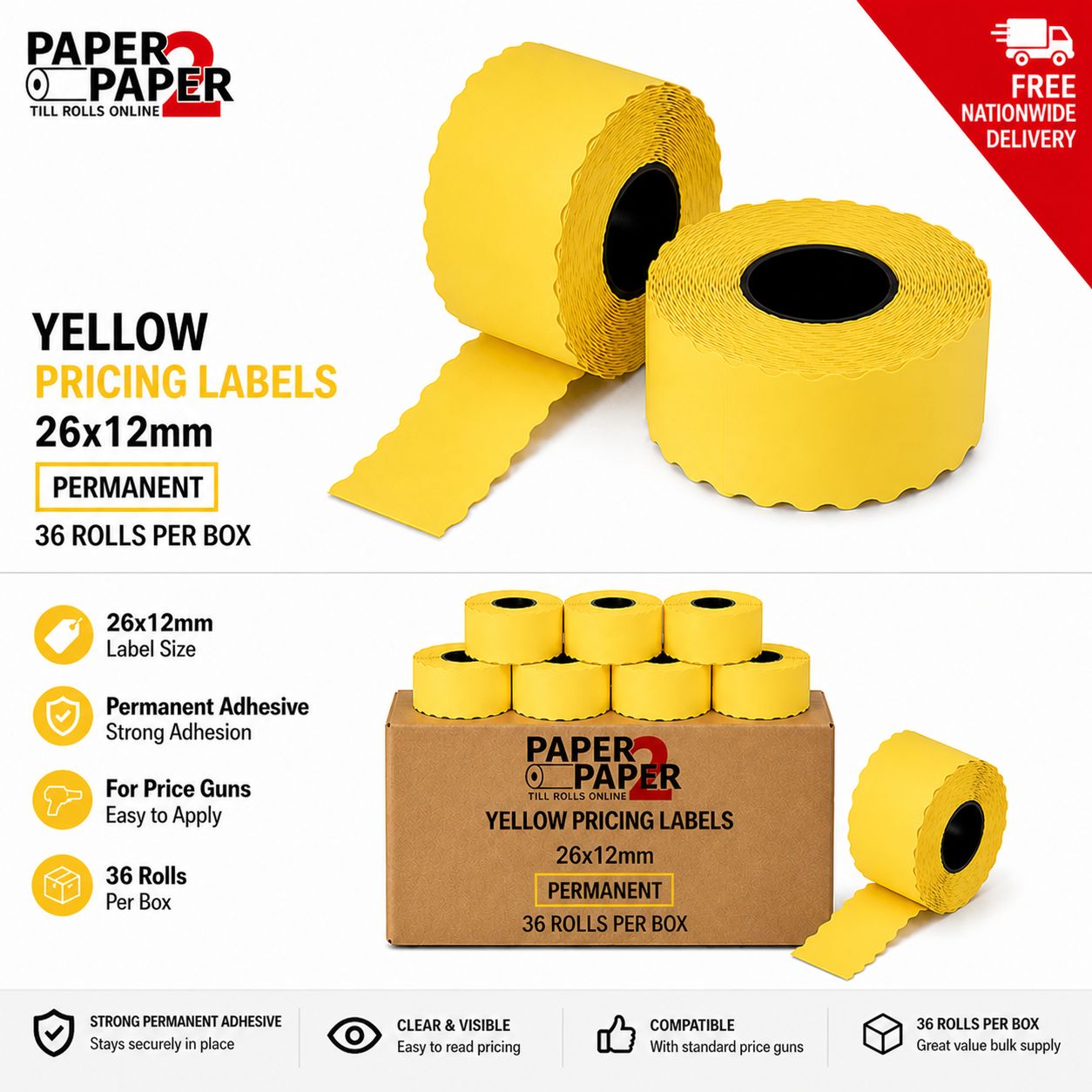 Yellow Pricing Labels 26x12mm – Permanent (36 Rolls Per Box)