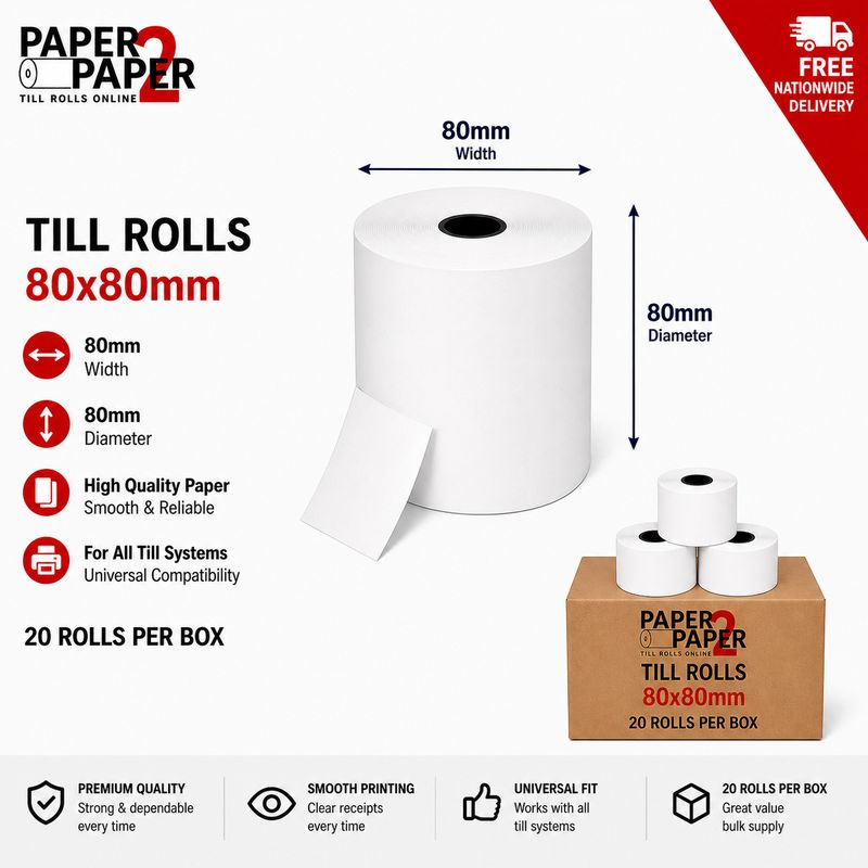 80x80mm Thermal Till Rolls – Standard POS Receipt Rolls (20 Pack)