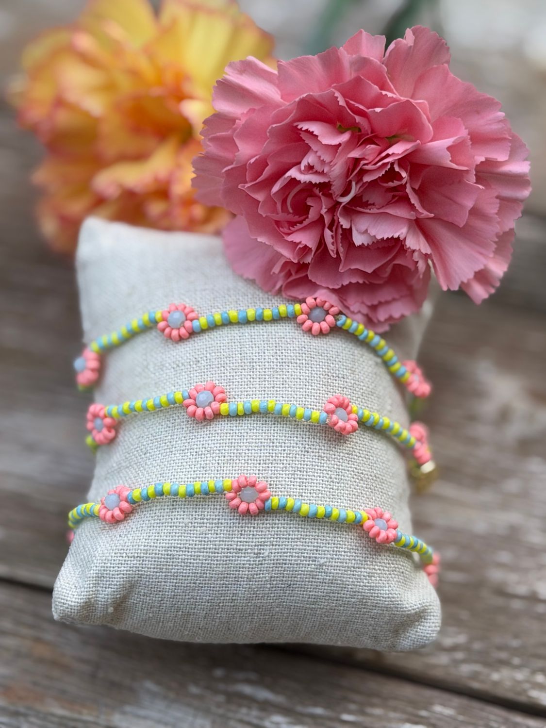 BRACELET FLEURS - VERT & ROSE