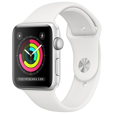 Умные часы Apple Watch Series 3, GPS, 42mm, корпус из серебристого алюминия, спортивный ремешок белого цвета RUS