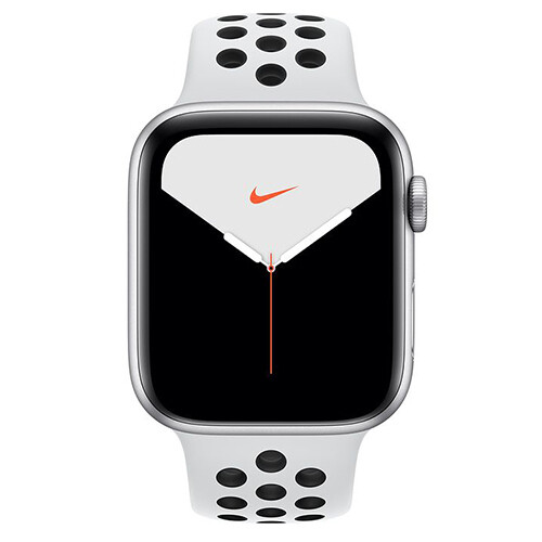 Умные часы Apple Watch Nike Series 5, 44 мм, корпус из алюминия цвета «серебристый», спортивный ремешок Nike цвета чистая платина/черный RUS