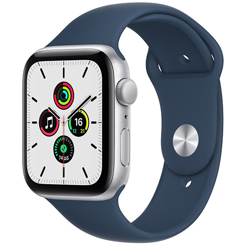 Умные часы Apple Watch SE, 44 мм, корпус из алюминия серебристого цвета, спортивный ремешок синего цвета RUS