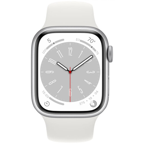 Умные часы Apple Watch Series 8 GPS, 41 мм, размер S/M, корпус из алюминия серебристого цвета, спортивный ремешок (Sport Band) белого цвета