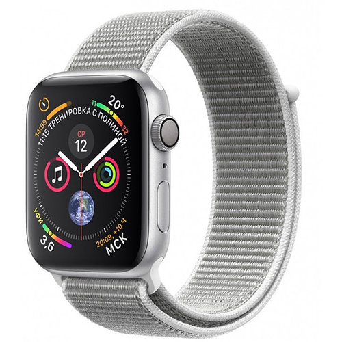 Умные часы Apple Watch Series 4, GPS, 44 мм, корпус из серебристого алюминия, спортивный браслет цвета «белая ракушка»