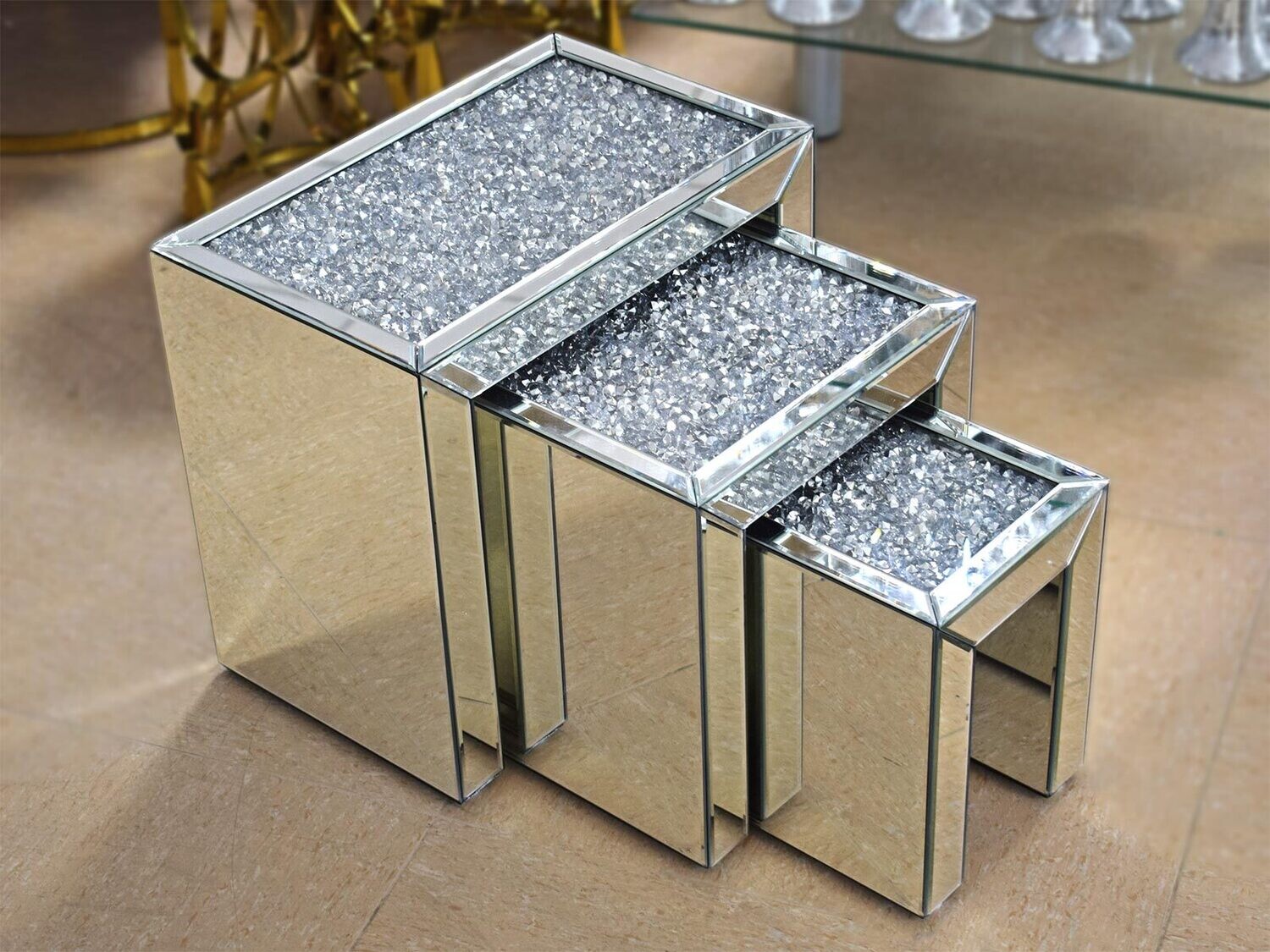 Spiegel 3er Set Beistelltische Crushed Ice Diamant Design