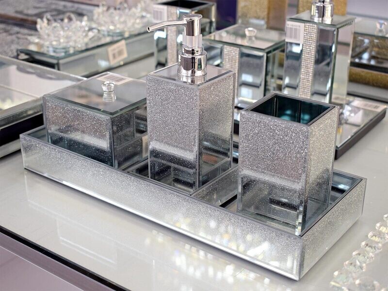 Badezimmer Set Dekoration Spiegel Strass Glitzer Silber Glas