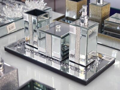 Badezimmer Set Dekoration Spiegel Diamant Glitzer Silber Glas