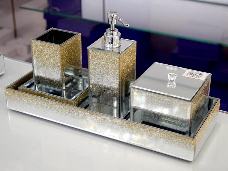 Badezimmer Set Dekoration Spiegel Strass Glitzer Gold Glas