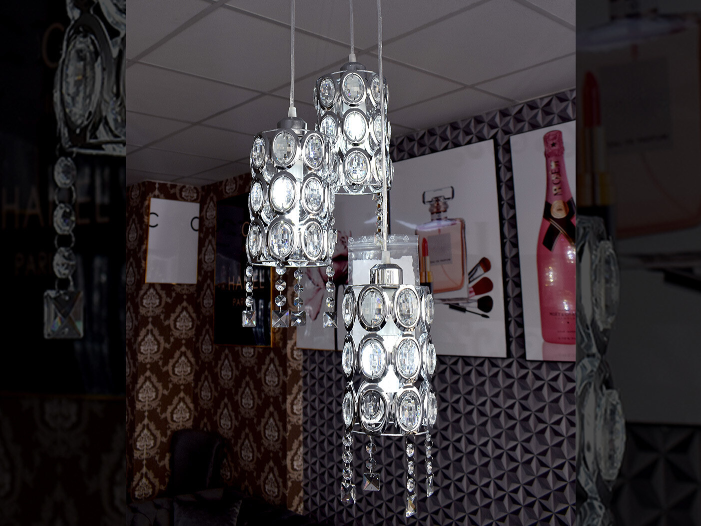 3er Set Hängelampe Silber Deckenlampe Kristall-Design Licht