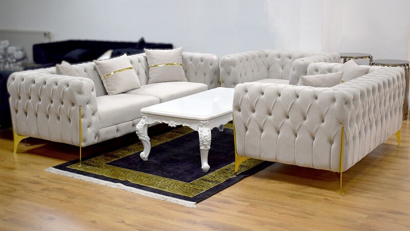 Chesterfield Sofa  &quot;Kent 3&quot; 3-2-1 Beige Gold Couch Garnitur