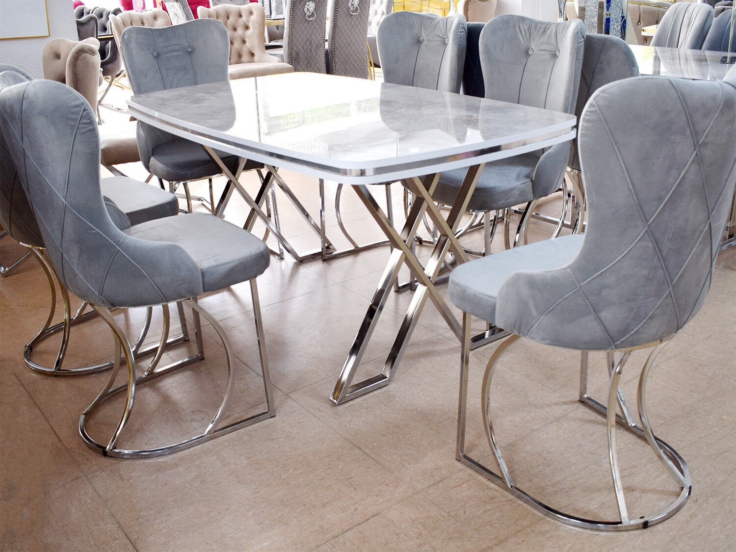 Esstisch + 6 Stühle Weiss Silber Marmor-Design Essgruppe