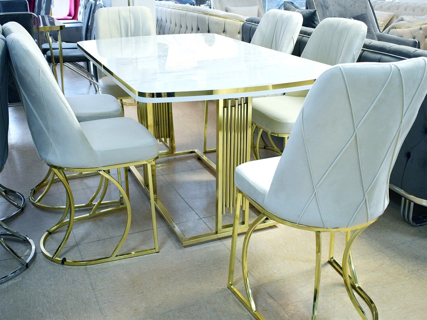 Esstisch + 6 Stühle Weiss Gold Marmor-Design Essgruppe