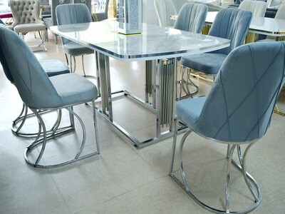Esstisch + 6 Stühle Weiss Silber Marmor-Design Essgruppe