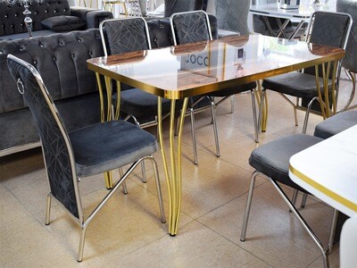 Esstisch + 6 Stühle Gold Hochglanz Design Essgruppe