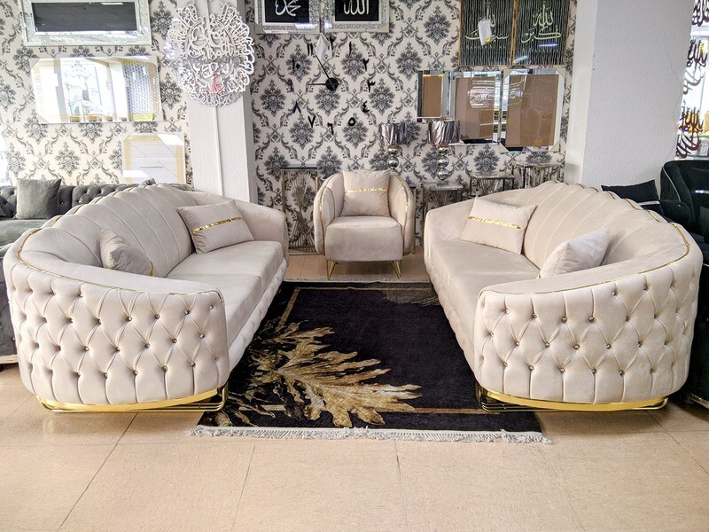 Chesterfield Sofa 3-3-1 &quot;Manchester&quot; Beige Gold Couch Garnitur