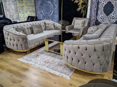 Chesterfield Sofa 3-3-1 &quot;Los Angeles 2&quot; Farbauswahl Garnitur Couch, Beispiel-Farben: Beige / Gold (ca. 8 Wochen Wartezeit)