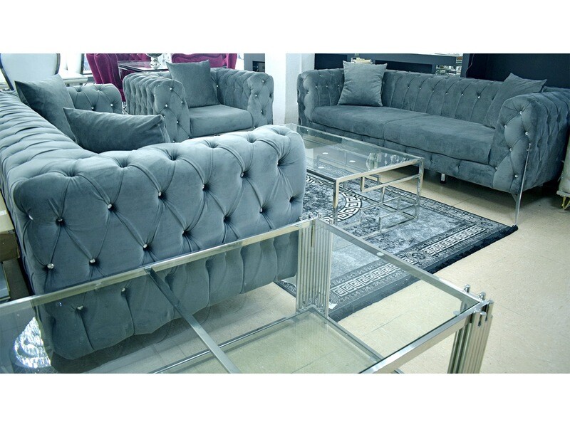 Chesterfield Sofa 3-3-1 &quot;Kent 4&quot; Grau Silber Couch Garnitur