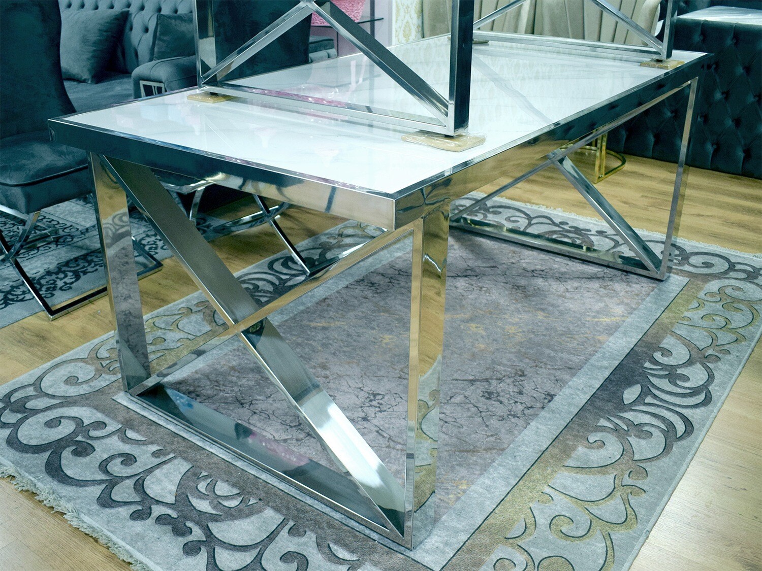 Esstisch 180x90 cm "Turin" Weiss Silber Esszimmer Küche