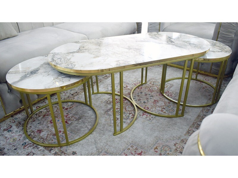 Couchtisch + 2 Beisteller Set &quot;Sky&quot; Weiss Gold Marmordesign
