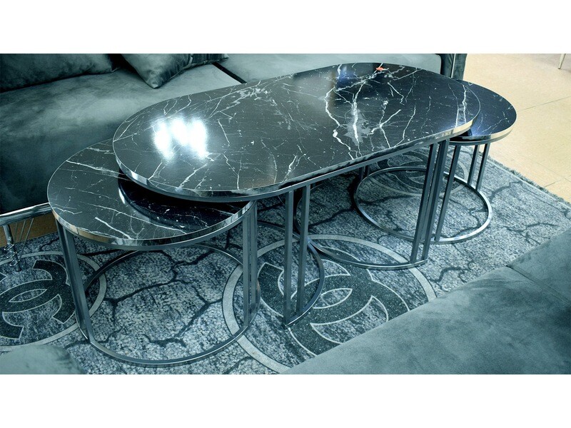 Couchtisch + 2 Beisteller Set &quot;Sky&quot; Schwarz Silber Marmordesign
