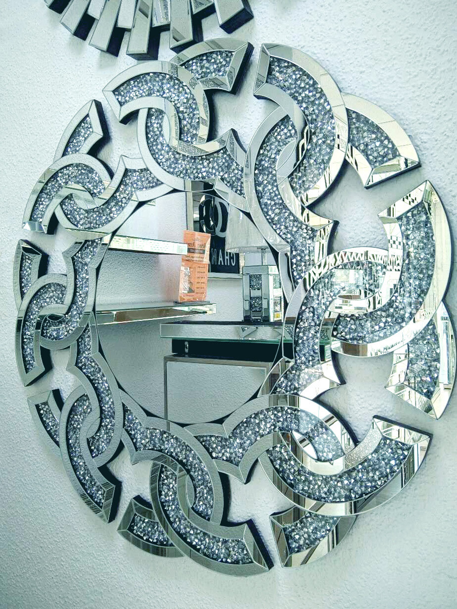 Wandspiegel &quot;Omega&quot; Rund Silber 90 cm Diamant Design Crushed Ice