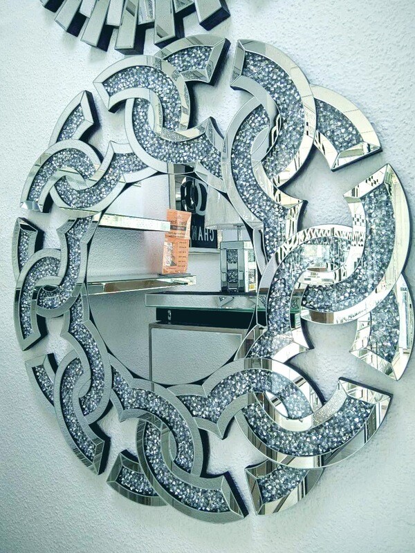 Wandspiegel &quot;Omega&quot; Rund Silber 90 cm Diamant Design Crushed Ice