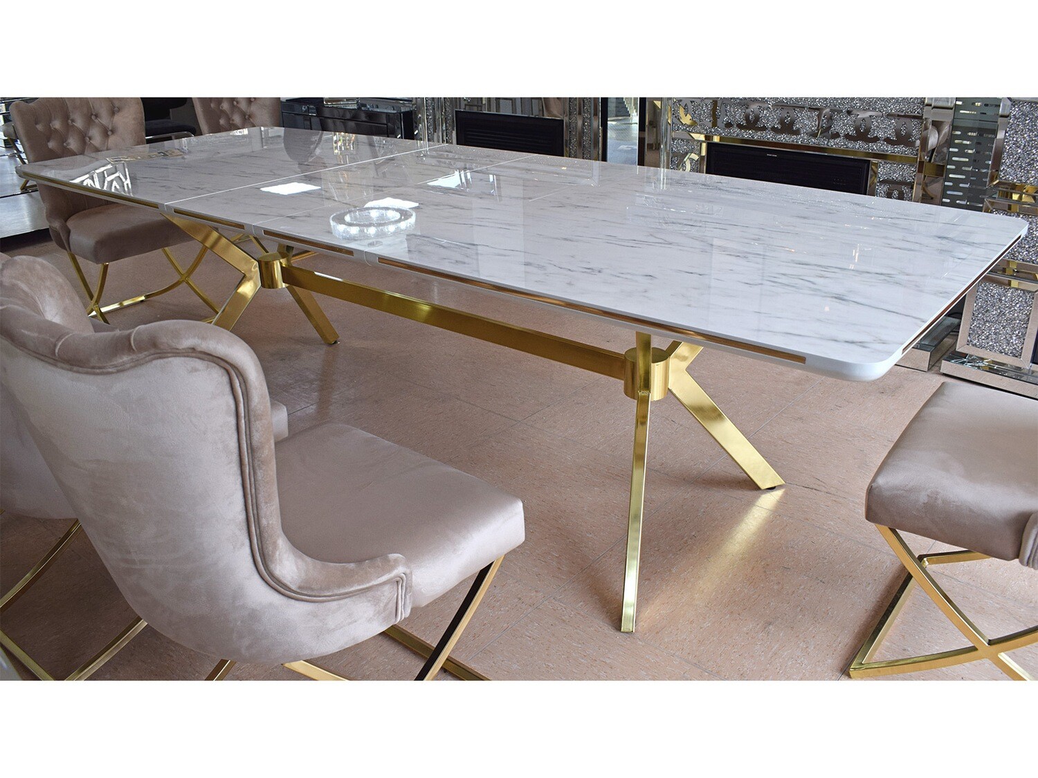 XL Esstisch "Tafel" Ausziehbar 275 cm Weiss Gold Marmor-Design