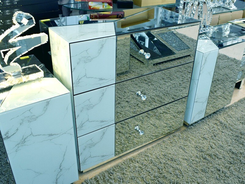 Spiegel Kommode &quot;Nixi&quot; Silber Weiss Marmor-Design Schrank