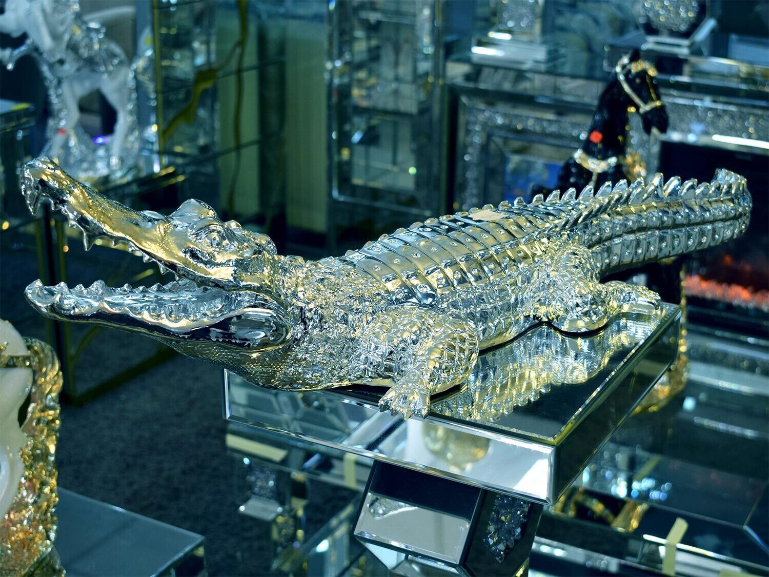 Statue Krokodil "Sobek" Silber Luxus Dekoration Figur