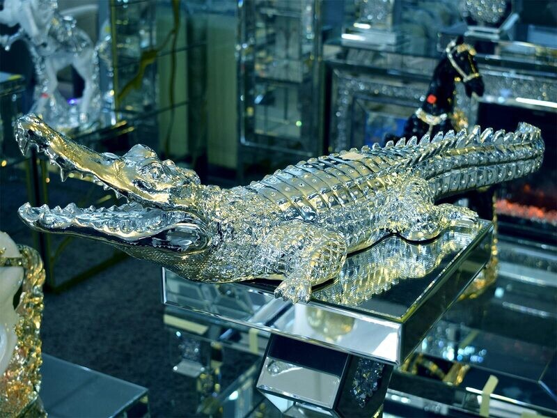 Statue Krokodil &quot;Sobek&quot; Silber Luxus Dekoration Figur