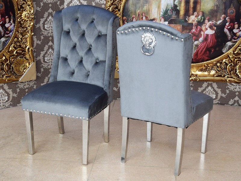 Luxus Chesterfield Stuhl &quot;Nizza&quot; Grau Silber Löwe Esszimmer