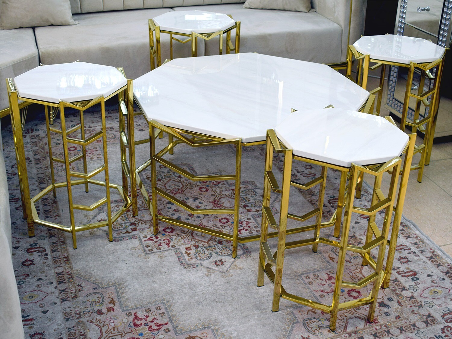 Couchtisch + 4 Beistelltische "Royal" Weiss Gold Marmor-Design Set