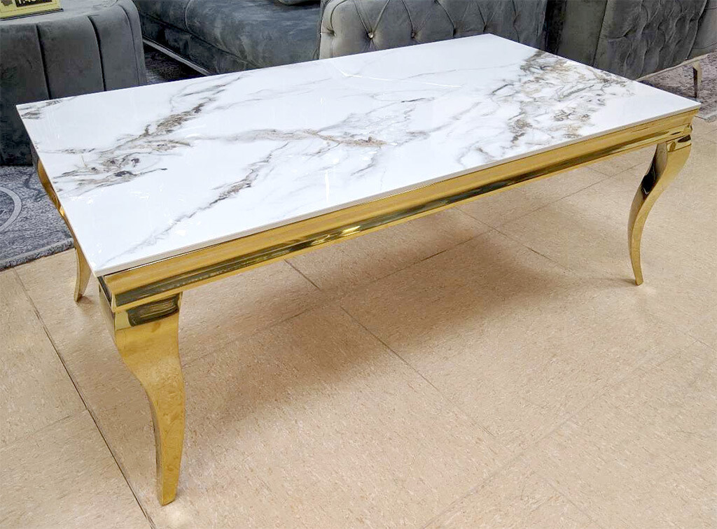 Couchtisch "Ayla 2" 130 cm Weiss Gold Marmor-Design Wohnzimmer