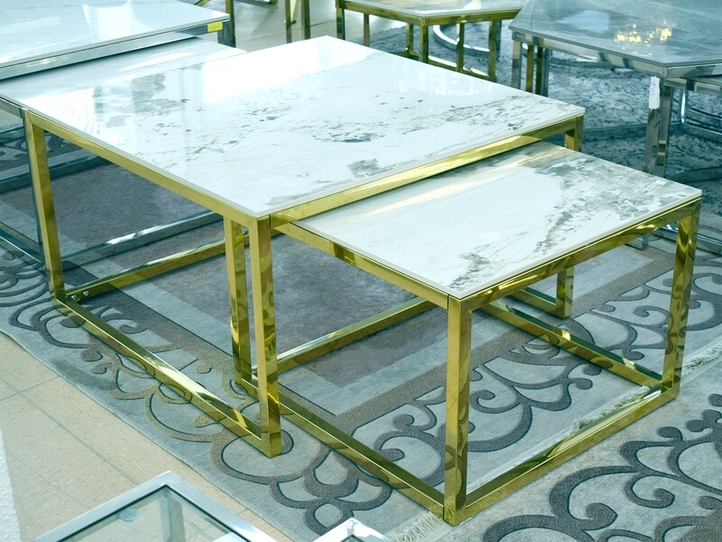 2er-Set Couchtisch &quot;Tom&quot; Weiss Gold Marmor-Design