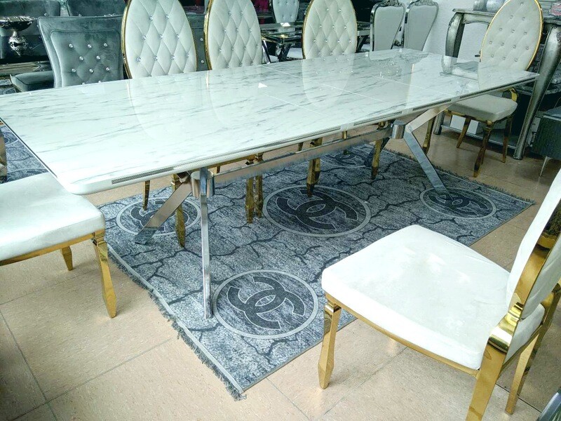 XL Esstisch &quot;Tafel&quot; Ausziehbar 275 cm Weiss Silber Marmor-Design