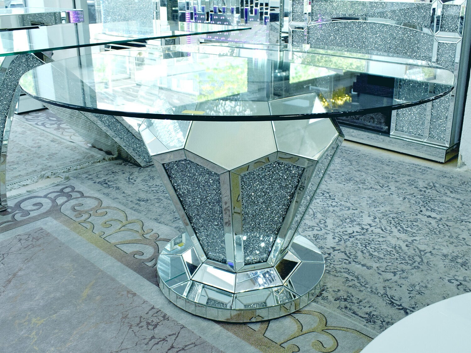 Spiegel Esstisch "Zen" Rund 130 cm Glasplatte Silber Diamant-Design